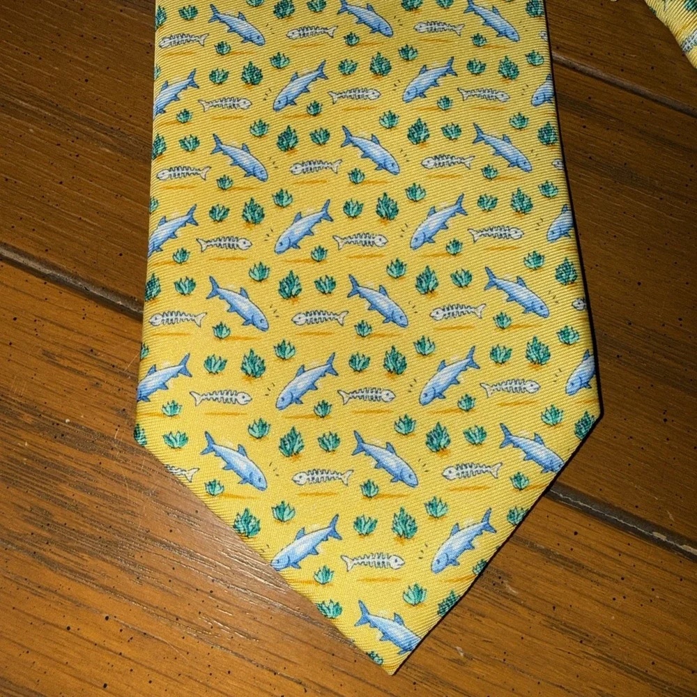 Bird Dog Bay‎ Men's Yellow Silk Tie With Fish Handmade USA Hand Drawn